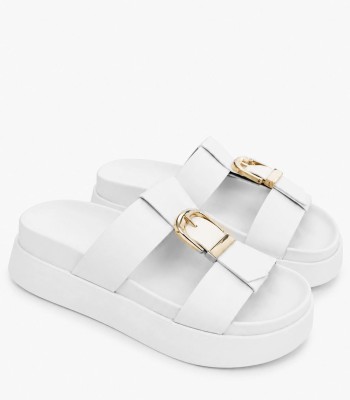 Λευκά flatform slides με χρυσή αγκράφα και ανατομικό πάτο