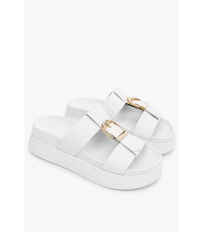 Λευκά flatform slides με χρυσή αγκράφα και ανατομικό πάτο