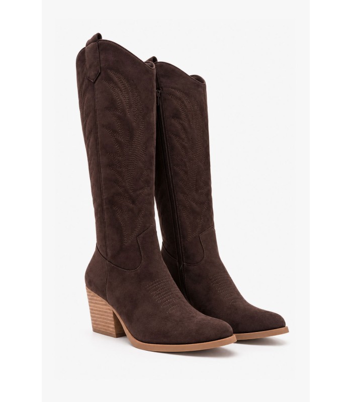 Καφέ cowboy μπότες suede με western κεντήματα