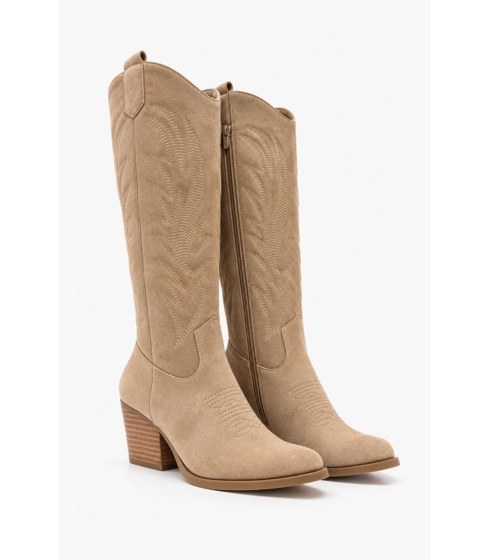 Μπεζ cowboy μπότες suede με western κεντήματα