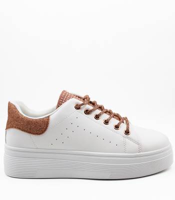 Λευκά sneakers δίσολα με ροζ χρυσές λεπτομέρειες & strass