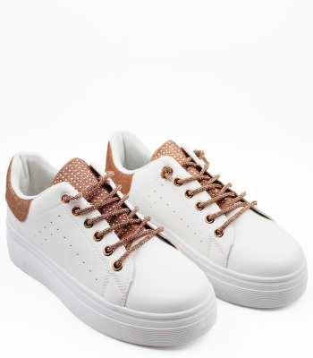 Λευκά sneakers δίσολα με ροζ χρυσές λεπτομέρειες & strass
