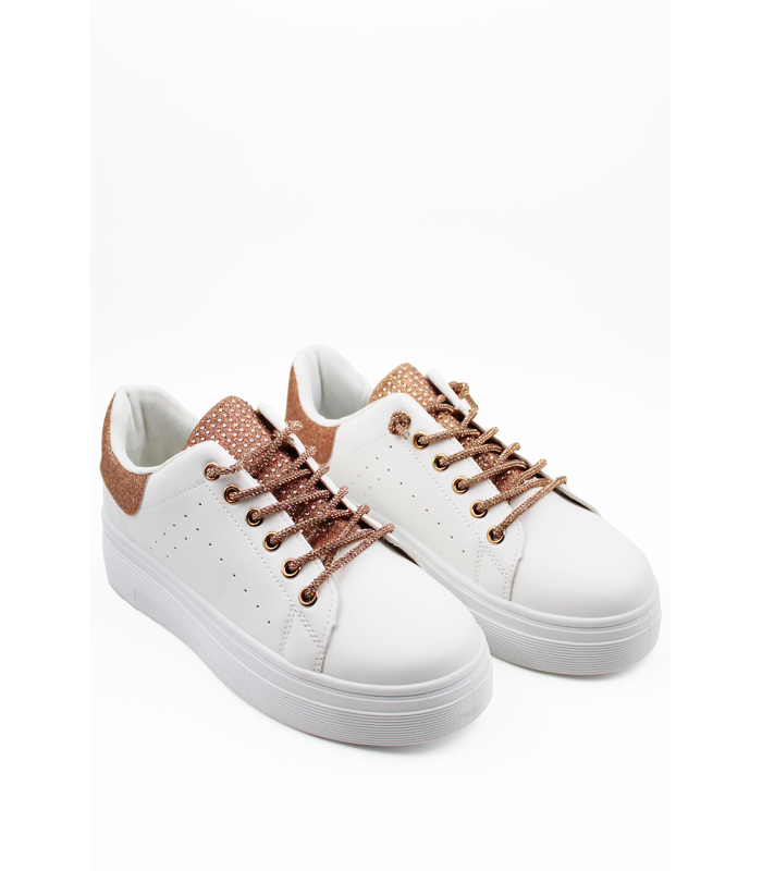 Λευκά sneakers δίσολα με ροζ χρυσές λεπτομέρειες & strass