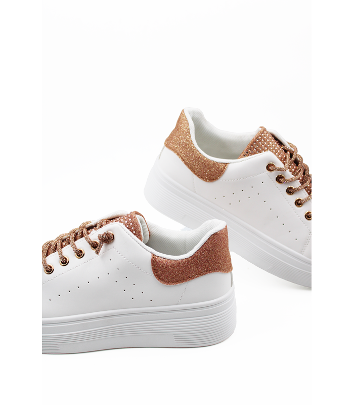Λευκά sneakers δίσολα με ροζ χρυσές λεπτομέρειες & strass