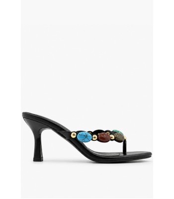 Μαύρα kitten heel mules με διχάλα και πολύχρωμες πέτρες 