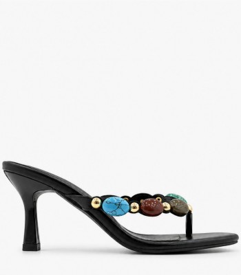 Μαύρα kitten heel mules με διχάλα και πολύχρωμες πέτρες 