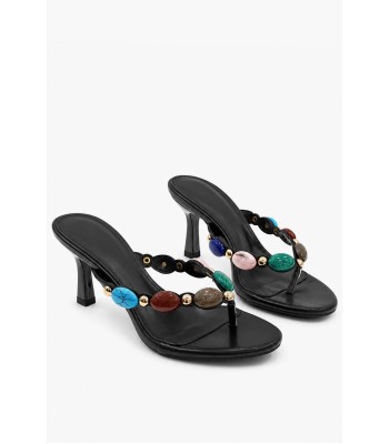 Μαύρα kitten heel mules με διχάλα και πολύχρωμες πέτρες 