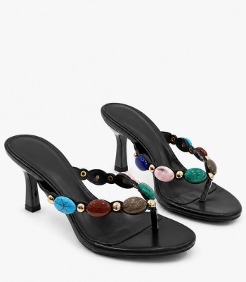 Μαύρα kitten heel mules με διχάλα και πολύχρωμες πέτρες 