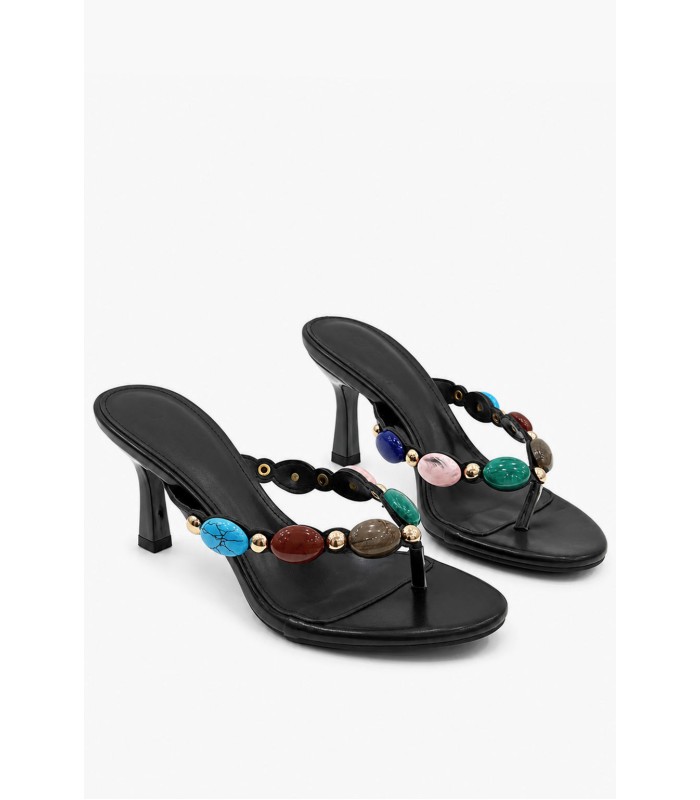 Μαύρα kitten heel mules με διχάλα και πολύχρωμες πέτρες 