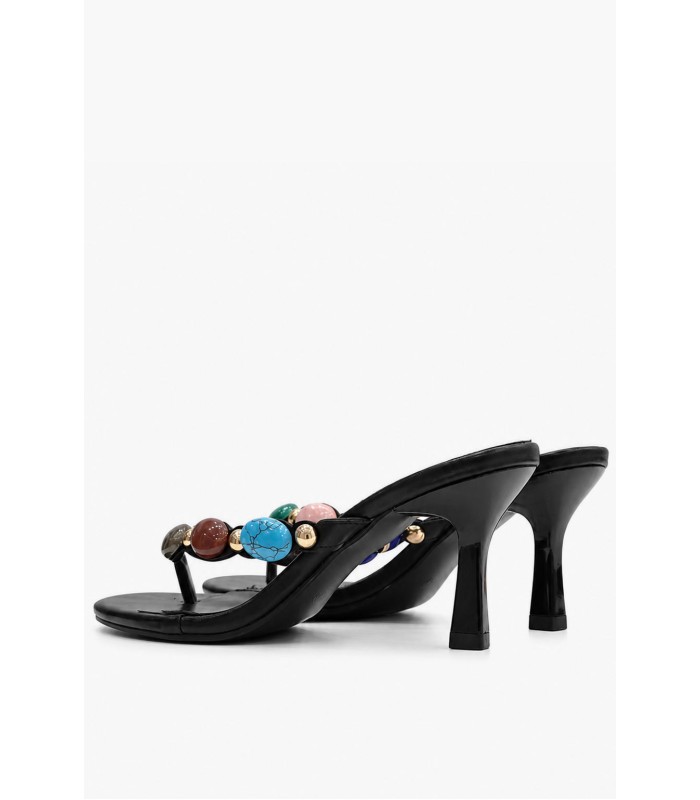 Μαύρα kitten heel mules με διχάλα και πολύχρωμες πέτρες 