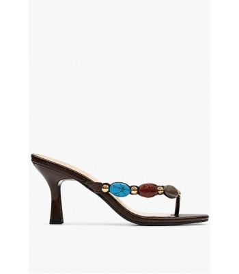 Καφέ kitten heel mules με διχάλα και πολύχρωμες πέτρες 