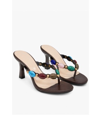 Καφέ kitten heel mules με διχάλα και πολύχρωμες πέτρες 