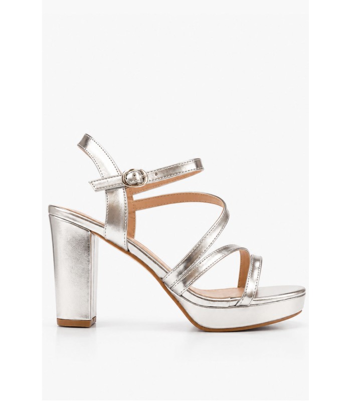 Ασημί πέδιλο με χοντρό τακούνι και φιάπα 