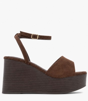 Καφέ πλατφόρμα με suede υφή και ξύλινη wedge σόλα