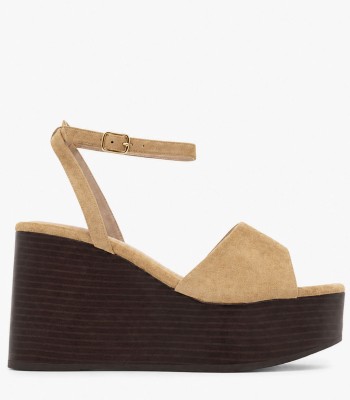 Μπεζ πλατφόρμα με suede υφή και ξύλινη wedge σόλα