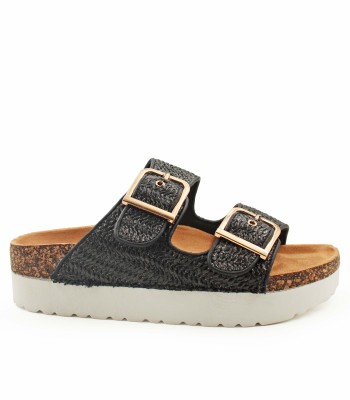 Flatform με πλεκτή υφή και διπλή αγκράφα σε μαύρο χρώμα