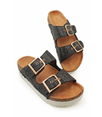 Flatform με πλεκτή υφή και διπλή αγκράφα σε μαύρο χρώμα