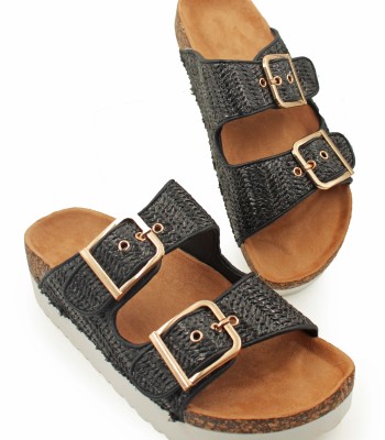 Flatform με πλεκτή υφή και διπλή αγκράφα σε μαύρο χρώμα