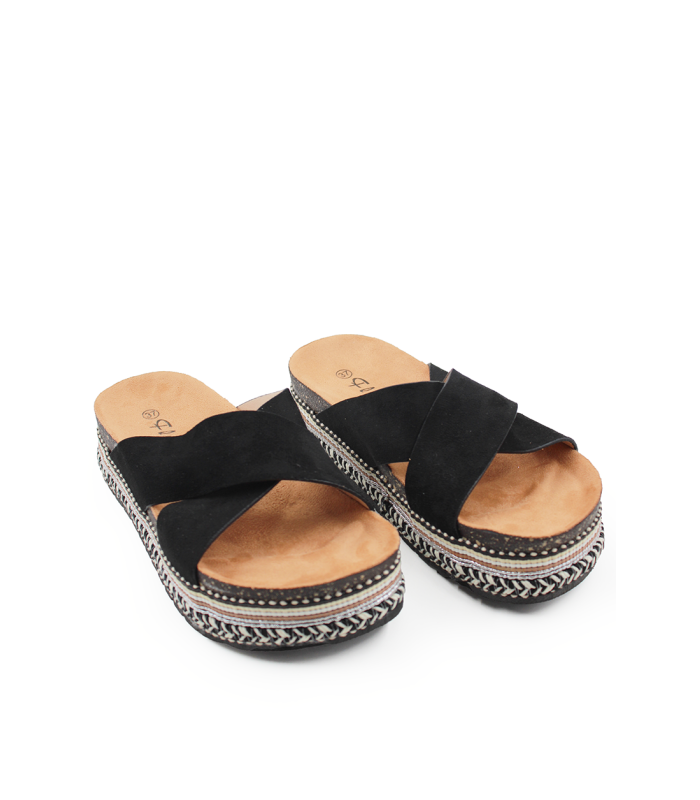 Γυναικείο flatform σε μαύρο χρώμα με χιαστί φάσες και ψάθινες λεπτομέρειες