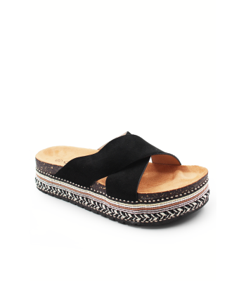 Γυναικείο flatform σε μαύρο χρώμα με χιαστί φάσες και ψάθινες λεπτομέρειες