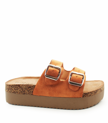 Flatform σανδάλι με διπλή αγκράφα σε κάμελ χρώμα