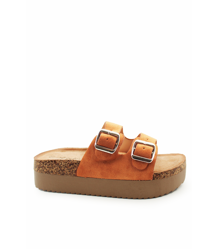 Flatform σανδάλι με διπλή αγκράφα σε κάμελ χρώμα