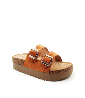 Flatform σανδάλι με διπλή αγκράφα σε κάμελ χρώμα