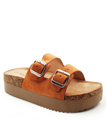 Flatform σανδάλι με διπλή αγκράφα σε κάμελ χρώμα
