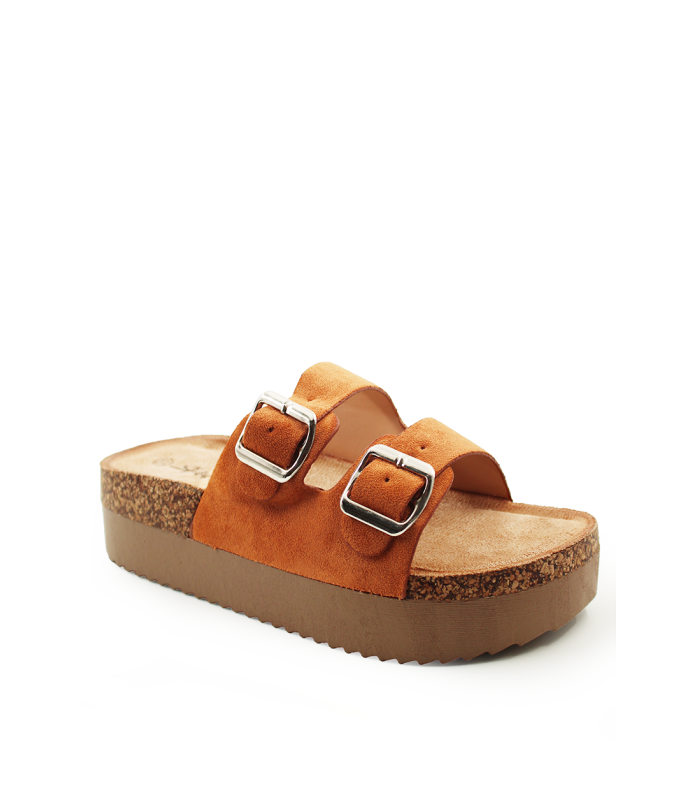 Flatform σανδάλι με διπλή αγκράφα σε κάμελ χρώμα