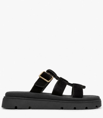 Μαύρο flatform με suede υφή και χρυσή αγκράφα