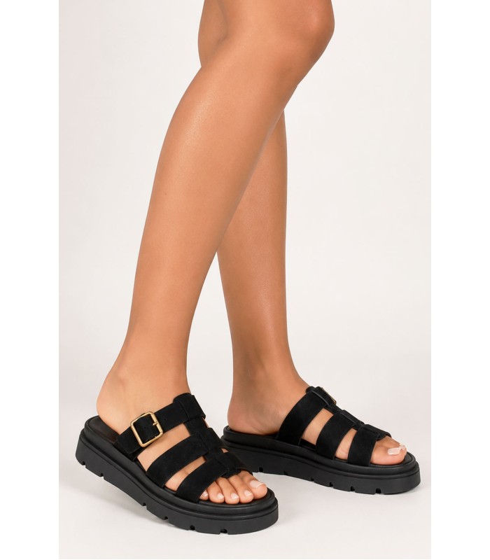 Μαύρο flatform με suede υφή και χρυσή αγκράφα