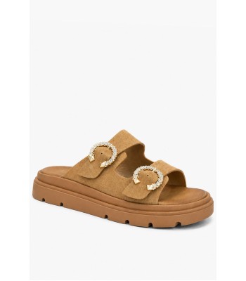 Κάμελ flatform δερμάτινο με διακοσμητικές αγκράφες στρας