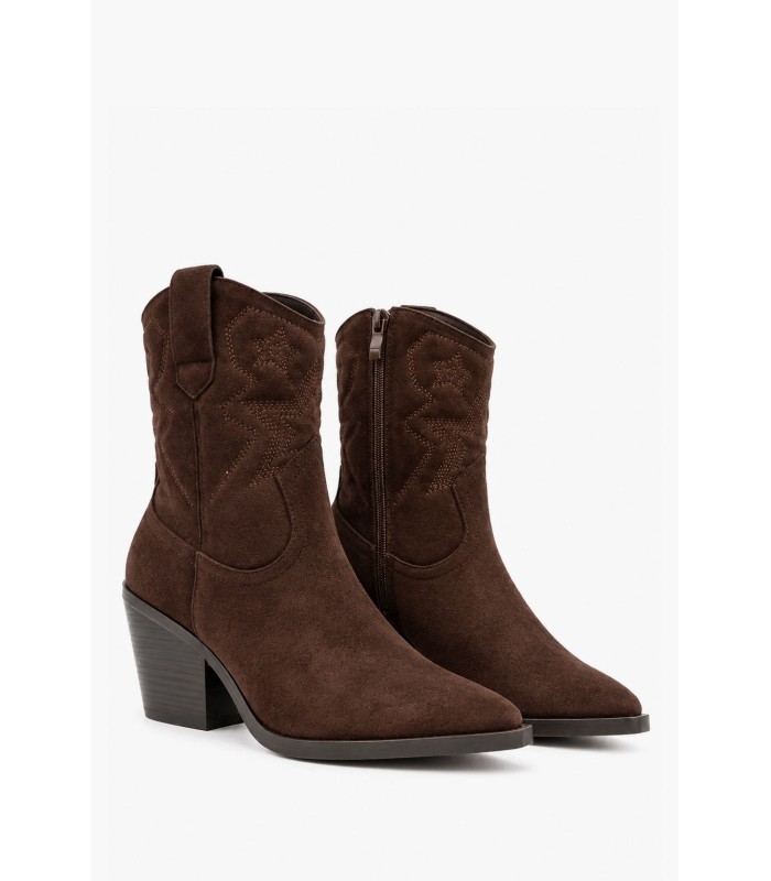 Καφέ cowboy μποτάκια suede με κεντήματα