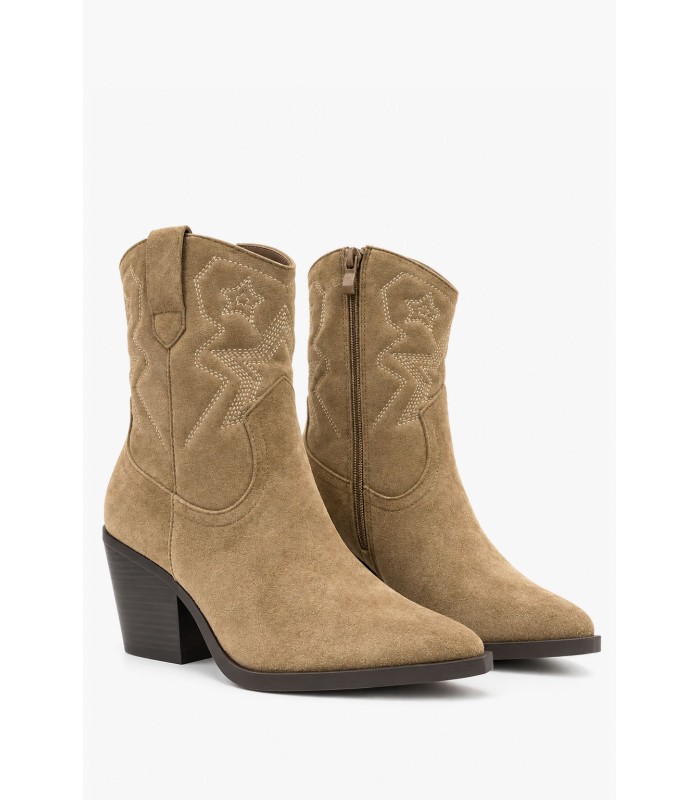 Μπεζ cowboy μποτάκια suede με κεντήματα